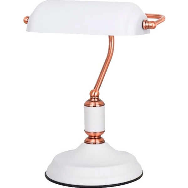 Lámpara de mesa, e27, tipo banquero, blanca+cobre, base ø185 mm, 260 x 195 x 345 mm